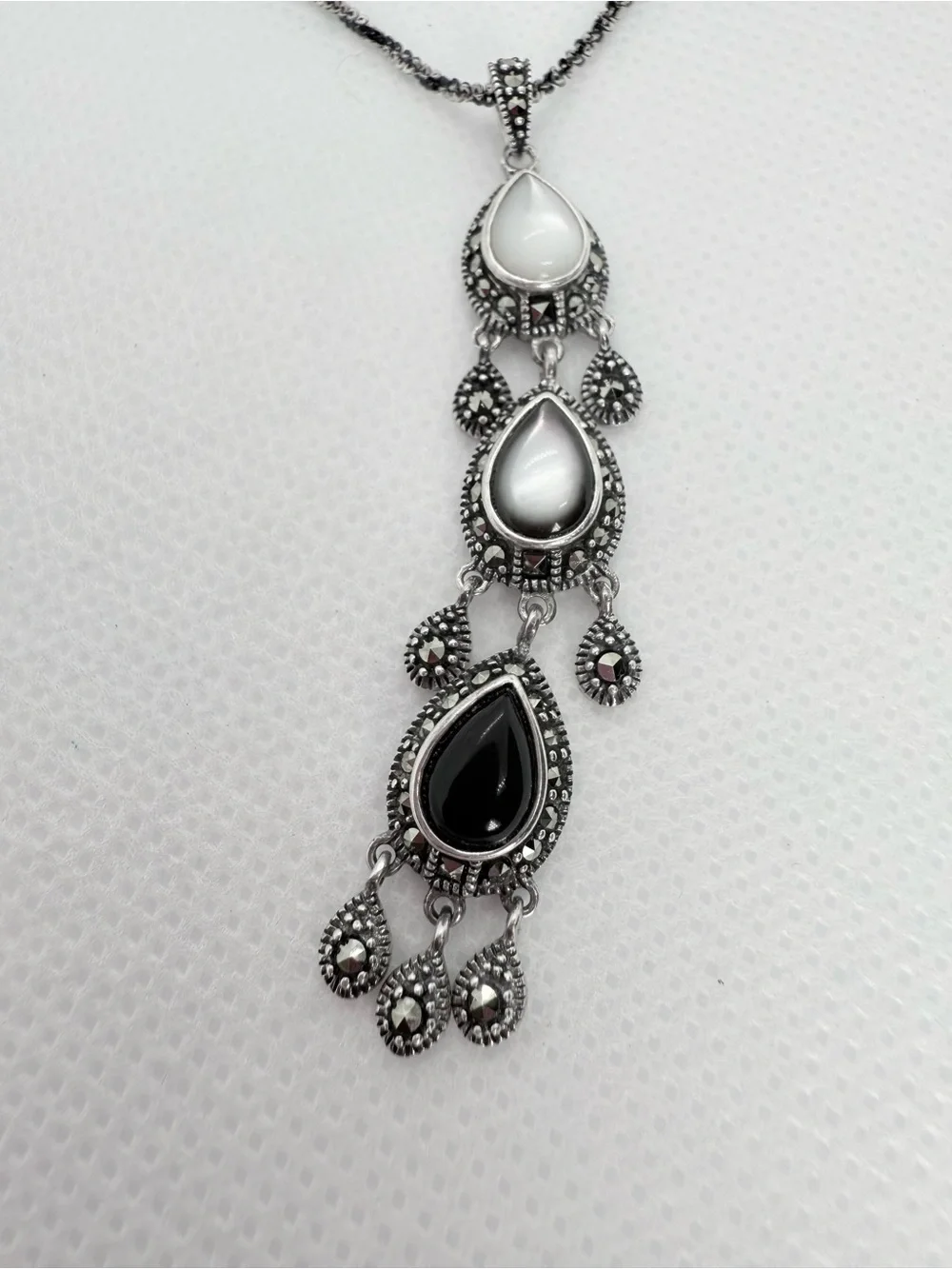 Vintage Italian Art Deco Marcasite Onyx Mother of Pearl Chandelier Drop Necklace